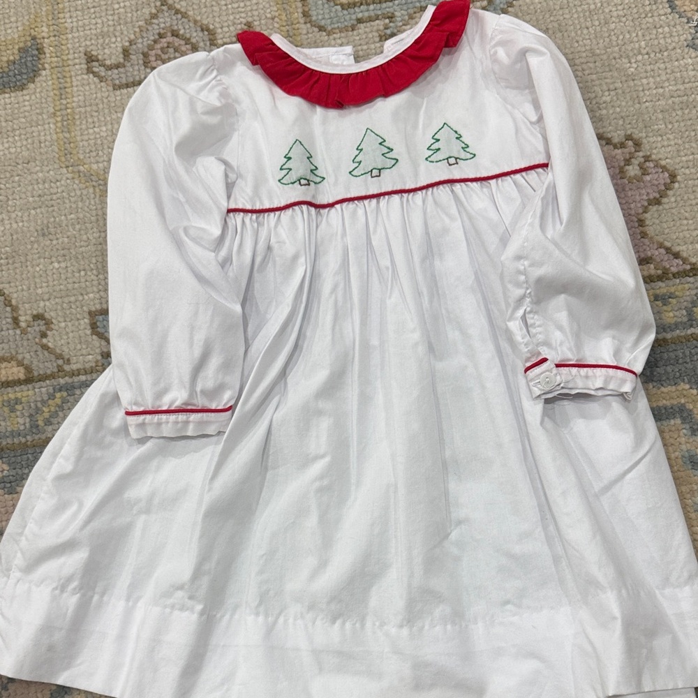 White and Red Kids Dress with Tree Embroidery